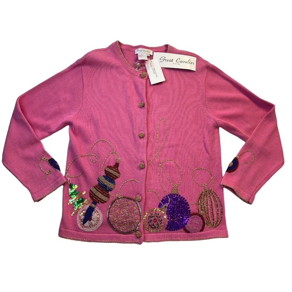 Great Cavalier Women's VTG‎ Christmas Cardigan Pink Beaded Holiday Sweater Large